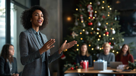 A black woman CEO giving a Christmas speech to employees during a company holiday party, with a tree and gifts in the backgroundの素材