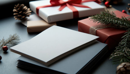 A close-up of Christmas cards with business branding, ready to be sent to clients and partnersの素材