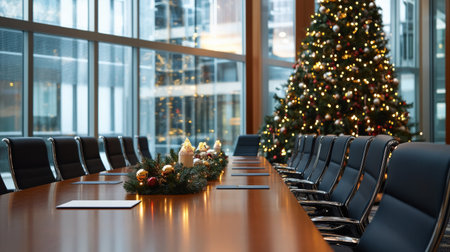 Conference room with christmas tree in background. 3D renderingの素材