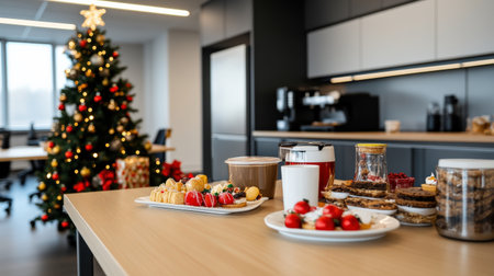 Christmas breakfast in the kitchen at home. Christmas tree on the backgroundの素材
