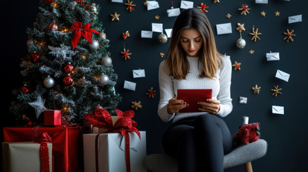 A businesswoman sending out holiday emails with a festive background, celebrating Christmas in a professional settingの素材