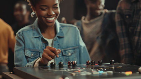 A close-up of a trivia buzzer being pressed as the contestant smiles in anticipationの素材