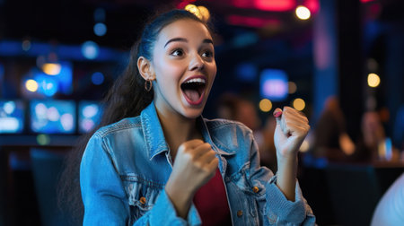 A trivia contestant pressing a buzzer in a fast-paced game show round, with a look of excitementの素材