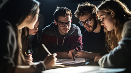 A trivia team huddled together, brainstorming answers for a particularly difficult questionの素材