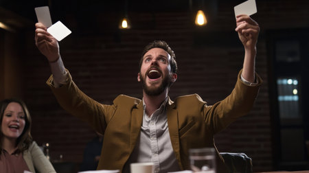 A trivia host dramatically announcing the final question of the game, holding up cue cardsの素材