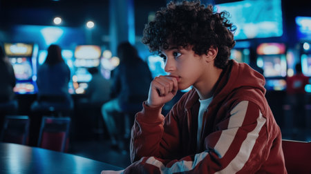 A trivia contestant looking thoughtfully at the question displayed on the screenの素材