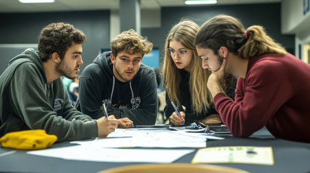 A trivia team brainstorming answers, scribbling ideas on their answer sheet in the final roundの素材