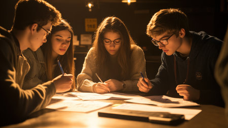 A trivia team brainstorming answers, scribbling ideas on their answer sheet in the final roundの素材