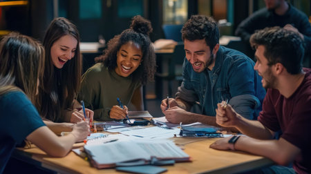 A trivia team writing down an answer with excitement, as they share ideas and laughの素材