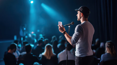 A trivia host standing on stage with cards in hand, asking a challenging questionの素材