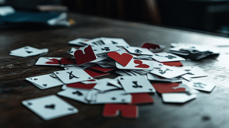 Playing cards on a wooden table. Conceptual image of casino.の素材