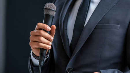 A close-up of a trivia host holding a microphone, ready to ask a question to the audienceの素材