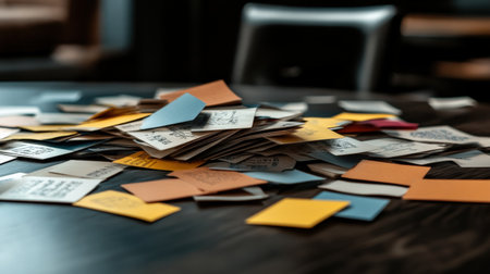 Messy office desk full of post-it notes, selective focusの素材