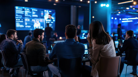 A trivia leaderboard displayed on a large screen during a competitive quiz eventの素材