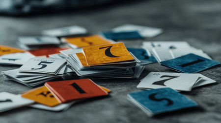 Pile of colorful cards on the table. Selective focus.の素材