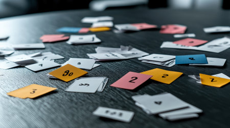 Close-up of colorful sticky notes on a black wooden table.の素材