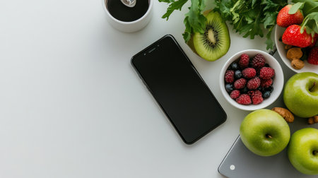 A phone displaying a blog post titled 'Healthy Living Tips' with colorful imagesの素材