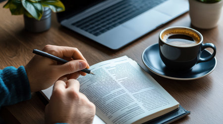 A person highlighting top tips in a book on productivity, with a cup of coffee on the sideの素材