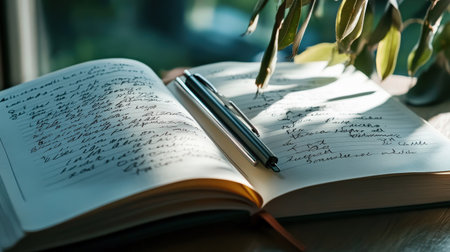 A close-up of a motivational journal filled with hand-written advice on personal growthの素材