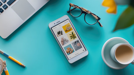 A phone displaying a blog post titled 'Healthy Living Tips' with colorful imagesの素材
