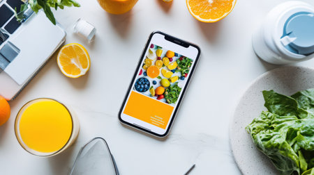 A phone displaying a blog post titled 'Healthy Living Tips' with colorful imagesの素材