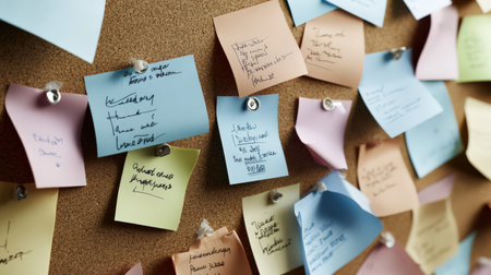 A close-up of sticky notes with handwritten advice and tips pinned to a corkboardの素材