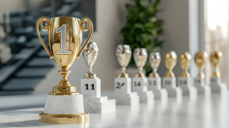 A golden number one trophy standing in front of a row of smaller numbered trophies, symbolizing top rankingsの素材