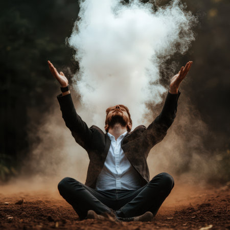 Young woman with red hair in a black jacket sits on a dirt road in the forest and smokes an electronic cigaretteの素材