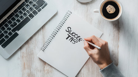 A hand writing tips on a notepad with 'Success Tips' at the top, surrounded by a cup of coffee and a laptopの素材