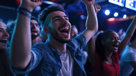 A group of people cheering as their names appear on a digital top 10 list at a competitive eventの素材