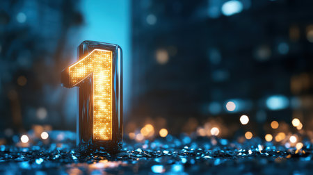 A dynamic top 10 countdown timer with bright lights and a glowing number oneの素材