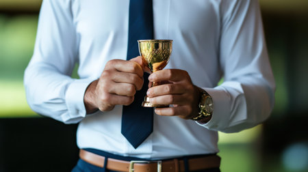 A person celebrating their top rank on a leaderboard with a gold cup in handの素材