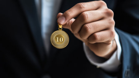 A hand placing a gold medal on a leaderboard showing top performers in a competitionの素材