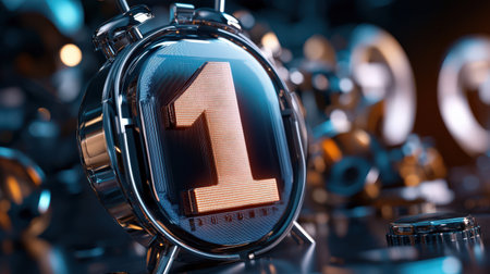 A dynamic top 10 countdown timer with bright lights and a glowing number oneの素材