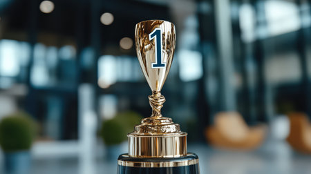 A close-up of a golden award engraved with the number 1, celebrating the top-ranked individualの素材