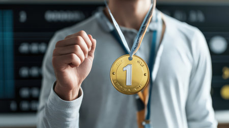 A person proudly holding a number one medal, standing in front of a leaderboard displaying their top rankの素材