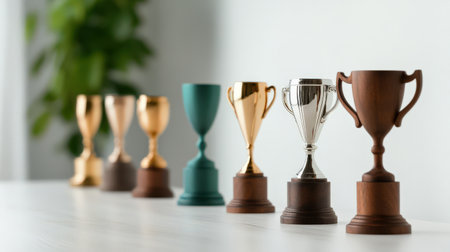 A line of trophies ranked from 1 to 10, symbolizing success and high performance in a competitionの素材