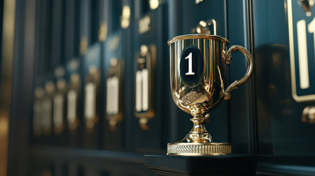 A close-up of a gold cup with the number 1 on it, placed in front of a ranking boardの素材