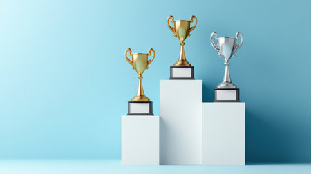 A podium featuring first, second, and third place trophies, showcasing the top performers in a rankingの素材
