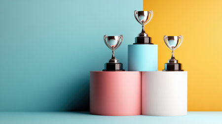 A podium featuring first, second, and third place trophies, showcasing the top performers in a rankingの素材