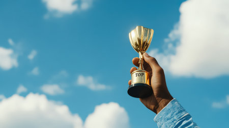 A hand holding a golden award engraved with 'Top 10,' celebrating the recipient high achievementの素材