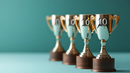 A row of trophies labeled from 1 to 10, symbolizing a top 10 ranking in a prestigious eventの素材