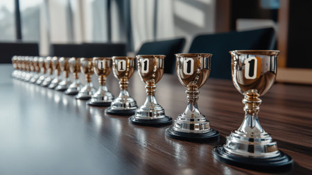 A row of trophies labeled from 1 to 10, symbolizing a top 10 ranking in a prestigious eventの素材