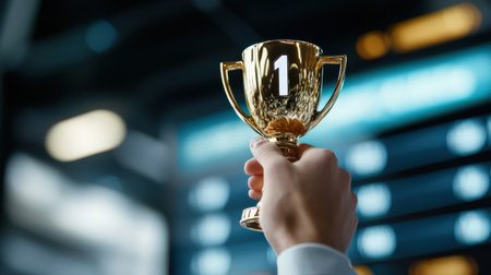 A person holding a golden cup with the number 1 on it, standing in front of a leaderboardの素材