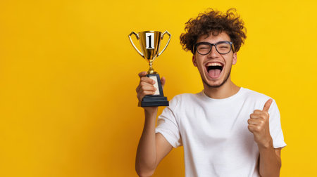 A person holding a number one trophy with excitement, symbolizing the top spot in the rankingsの素材