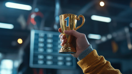 A person holding a golden cup with the number 1 on it, standing in front of a leaderboardの素材