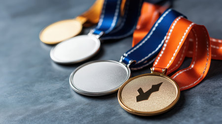 A group of gold, silver, and bronze medals lined up, symbolizing top three rankings in a competitionの素材