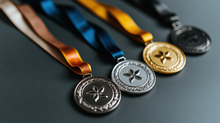 A group of gold, silver, and bronze medals lined up, symbolizing top three rankings in a competitionの素材