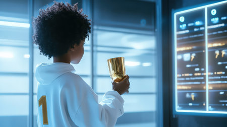 A person holding a golden cup with the number 1 on it, standing in front of a leaderboardの素材