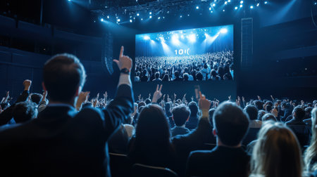 A top 10 list displayed on a digital screen during an awards ceremony, with excited participantsの素材